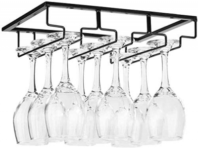 Feilifan Wine Glass Rack - Under Cabinet Stemware Wine Glasses Shelf Storage Hanger Holder Large Metal Organizer For Home Kitchen Bar (Black,3 Rows)